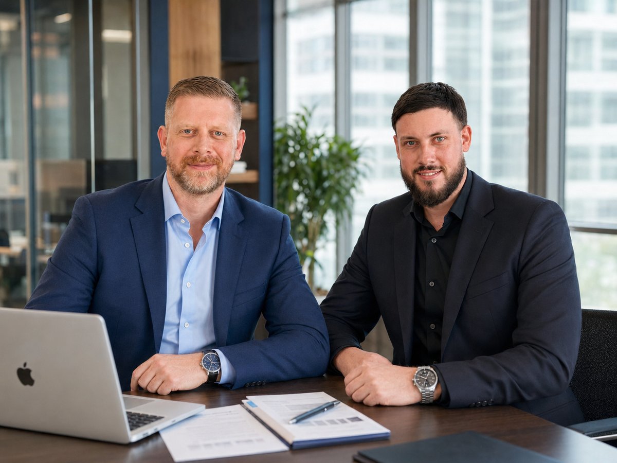 Maxime Nahoum et Siméon Fouassier, co-fondateurs Adopt'IA, en réunion de formation IA immobilier